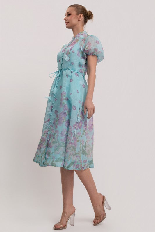 SHORT SLEEVES BUTTON DOWN FLORAL MIDI DRESS