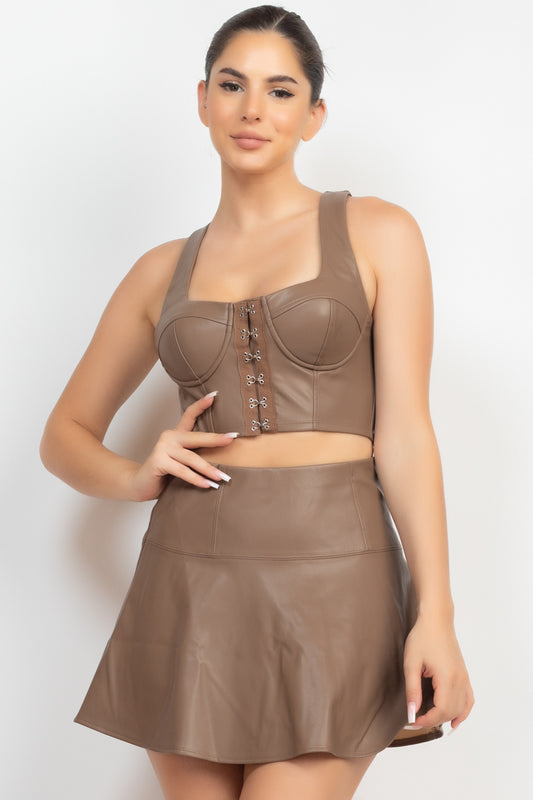 Faux Leather Hook-And-Eye Crop Top