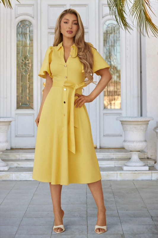 SLIT OPEN BUTTON UP COLLAR MIDI DRESS