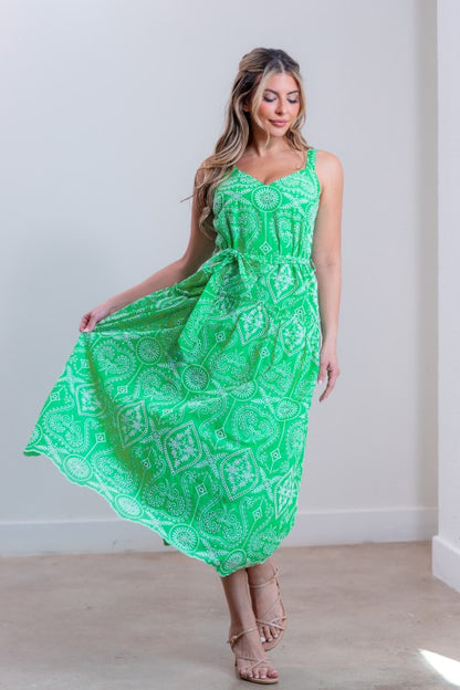 BELTED EMBROIDERED MIDI DRESS