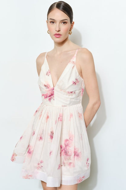 FLORAL ORGANZA V-NECK PRINTED MINI PARTY DRESS