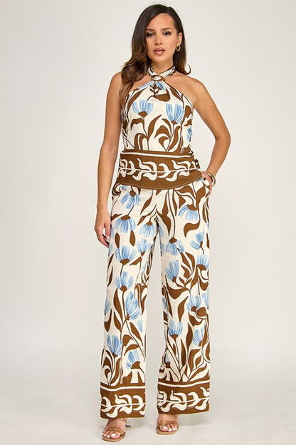 PRINTED HALTER NECK OPEN TIE DETAIL TOP W/PANTS SET