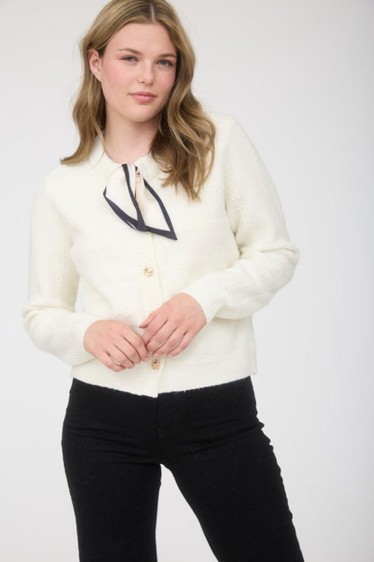 SCARF NECK DETAIL BUTTON DOWN KNIT CARDIGAN