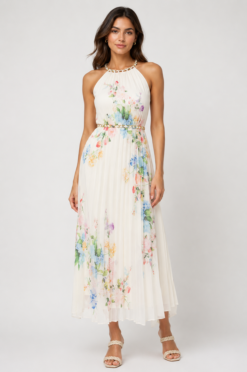 FLORAL PLEATED HALTER MAXI DRESS