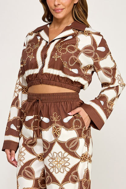 PRINT LONG SLEEVE TOP WITH WIDE LEG PANTS SET