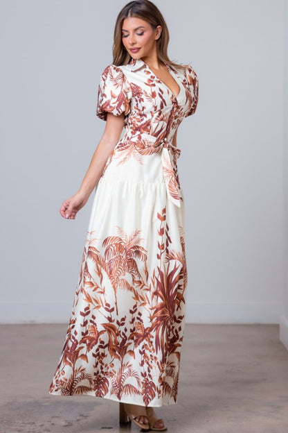 LEAF PRINT TIERED MAXI DRESS