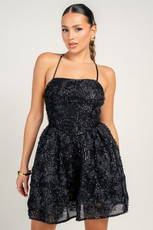 STRAPY OPEN BACK 3D SEQUIN LACE MINI PARTY DRESS