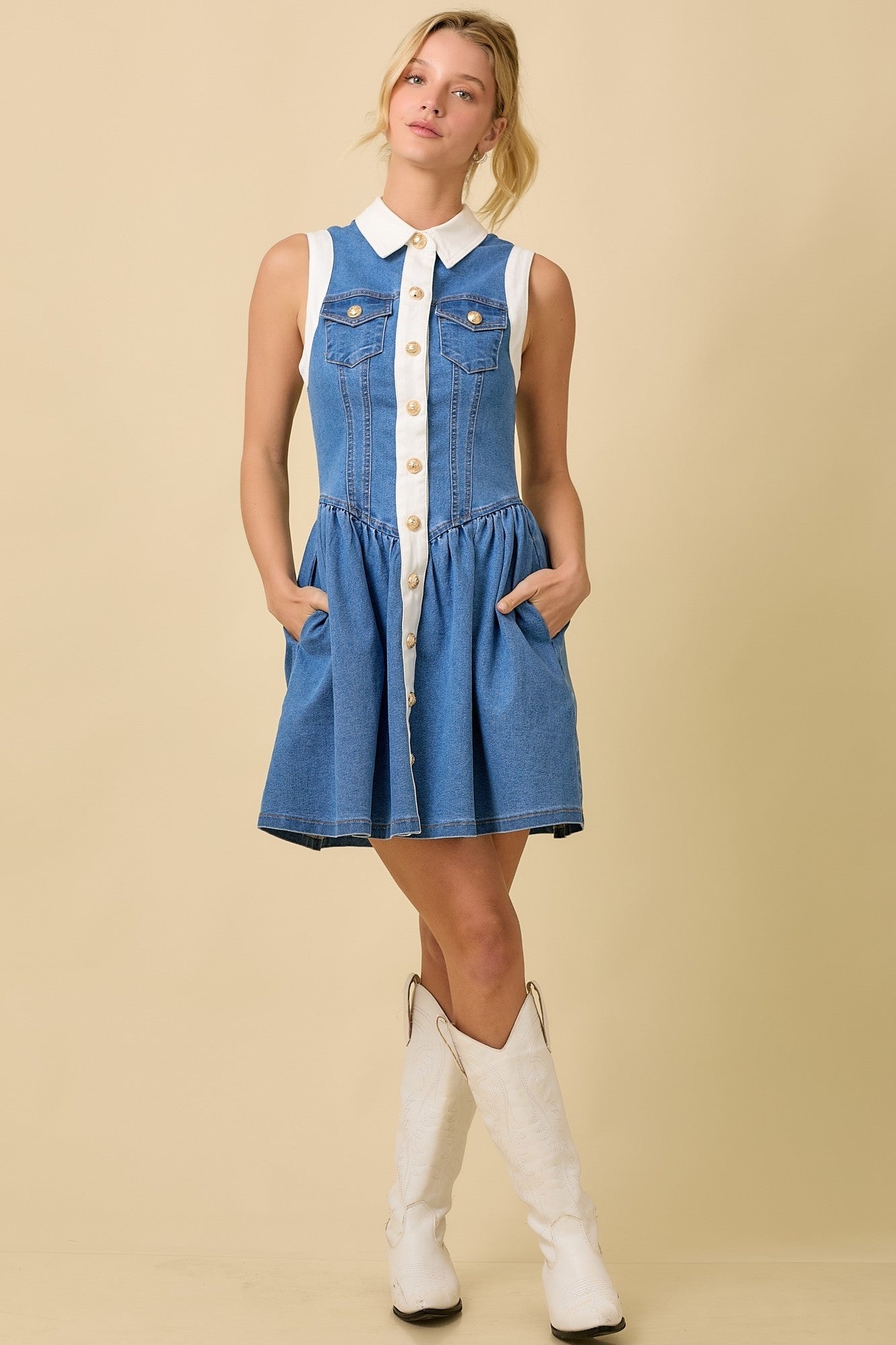COLLAR BUTTON DOWN SUMMER DENIM MINI DRESS