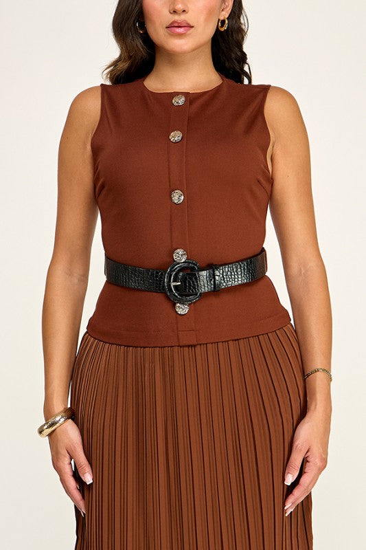 SLVLS GOLD BUTTON DETAIL TOP W/ PLEATED SKIRT DRESS