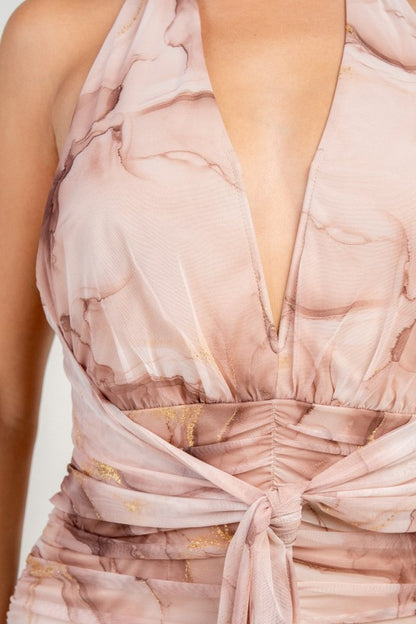 METALLIC MESH PRINT MAXI DRESS W/ A FRONT SASH