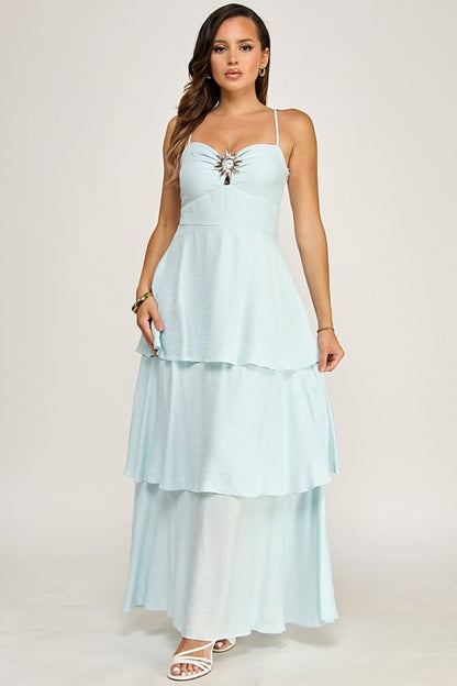 ADJUSTABLE STRAP TIERED MAXI DRESS W GOLD METAL TRIM