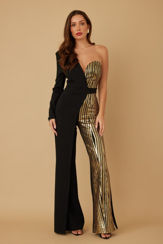 ONE SHOULDER OVERLAP SEQUINS JUMPSUIT