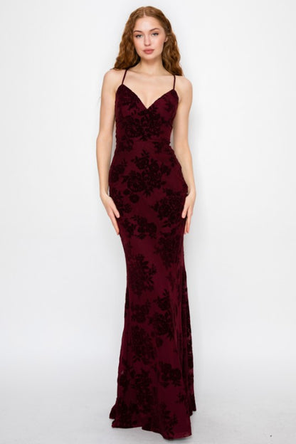 VELOUR FLORAL MERMAID MAXI PARTY DRESS