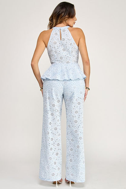 HALTER NECK TIE FRONT PEPLUM TOP W/ PANTS SET