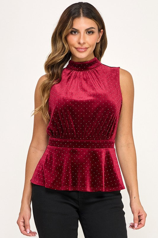 SLEEVELESS VELVET MOCK NECK TOP