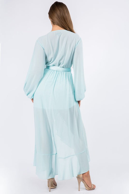 CHIFFON WRAP FRONT LONG SLEEVE HI LO DRESS