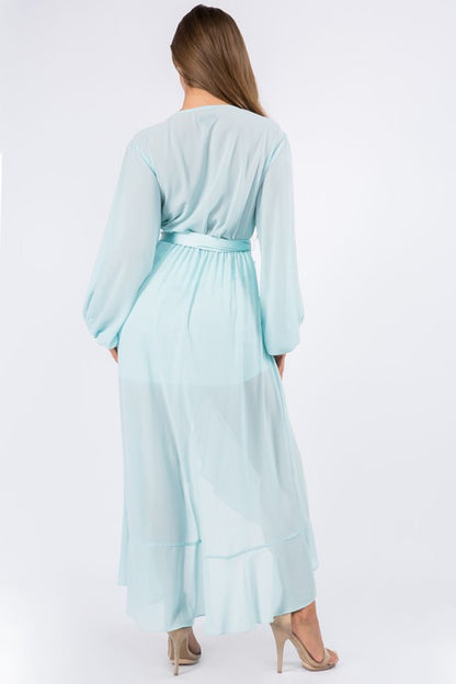 CHIFFON WRAP FRONT LONG SLEEVE HI LO DRESS