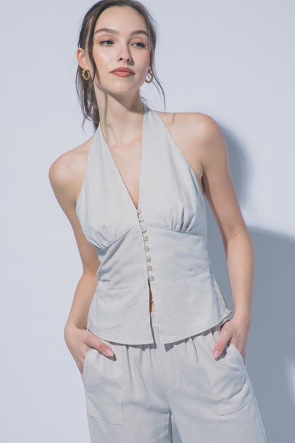 HALTER NECK LINEN TIE FRONT VEST PANTS SET