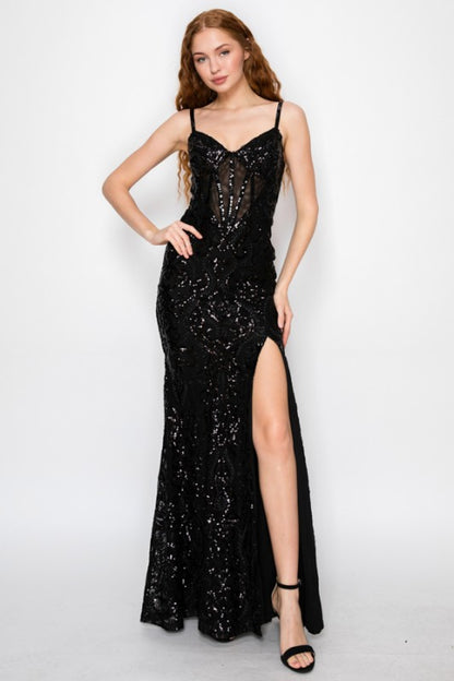 SEQUIN CORSET MERMAID MAXI COCKTAIL DRESS