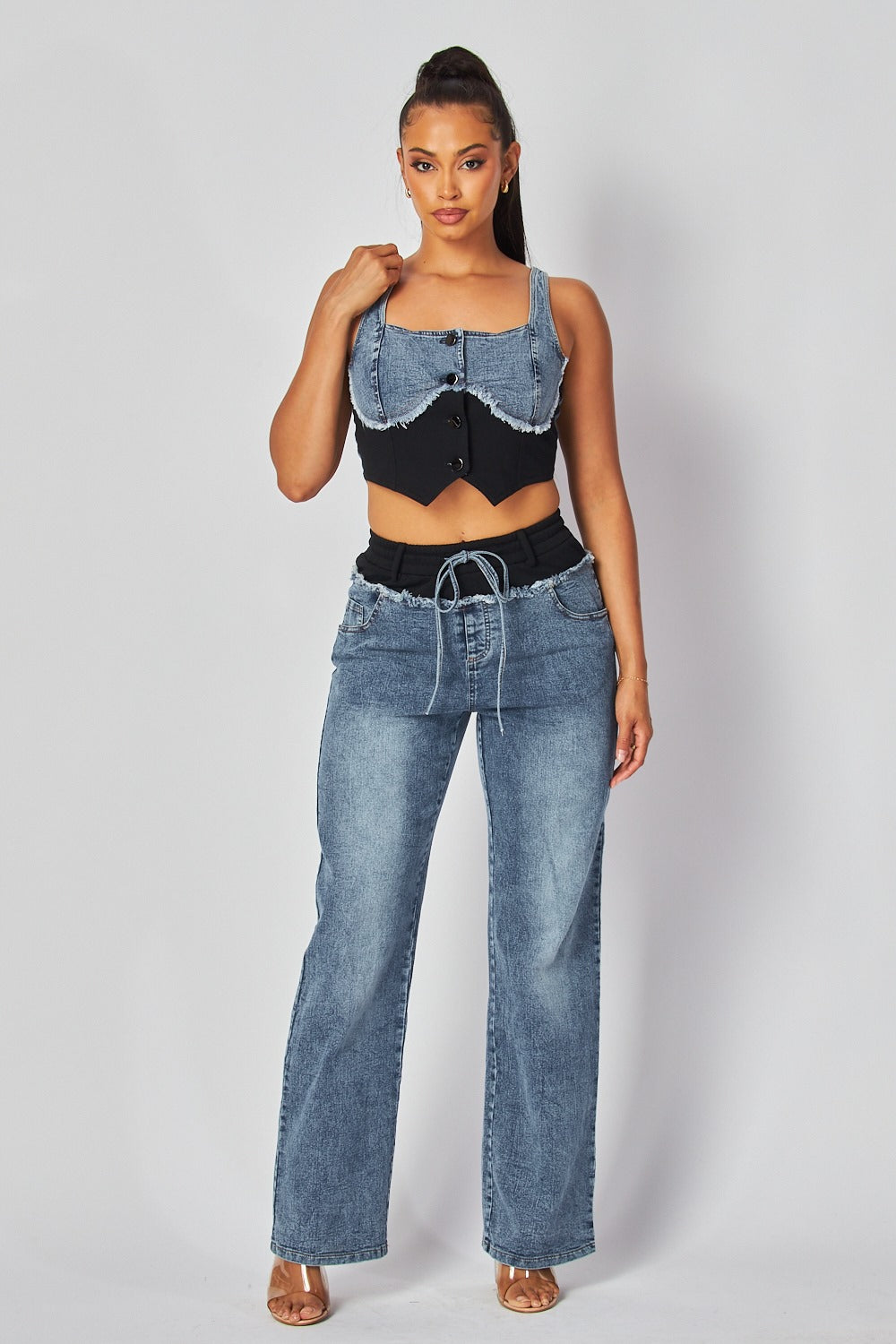 CONTRAST DENIM TANK TOP PANTS SET