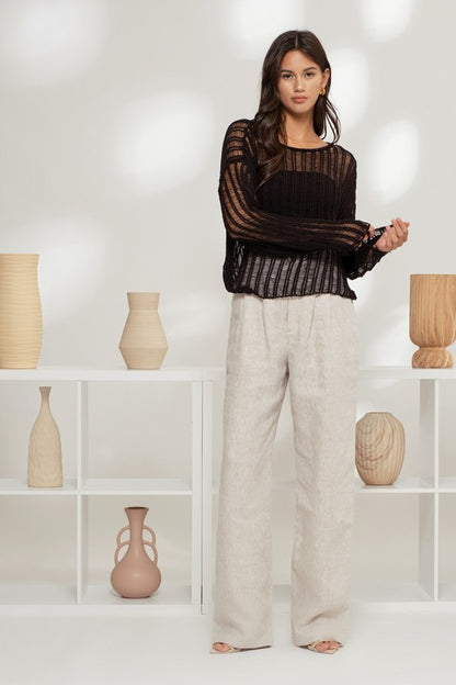 SHEER CROCHET LADDER KNIT PULLOVER SWEATER