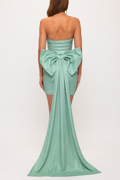 GLITTER BOW TRAIN BODYCON MINI PARTY DRESS