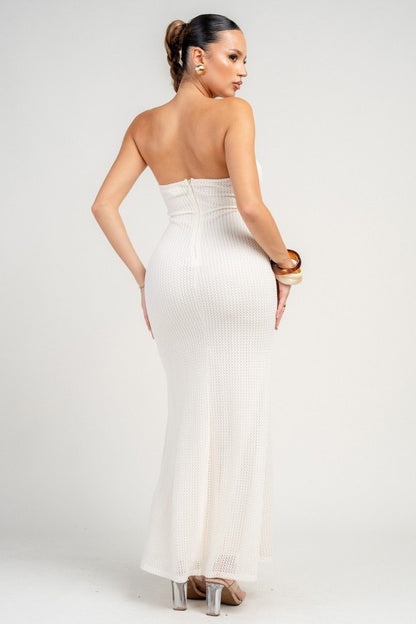 LACE W/ STONE STRING BUST CUTOUT TUBE ANKLE DRESS