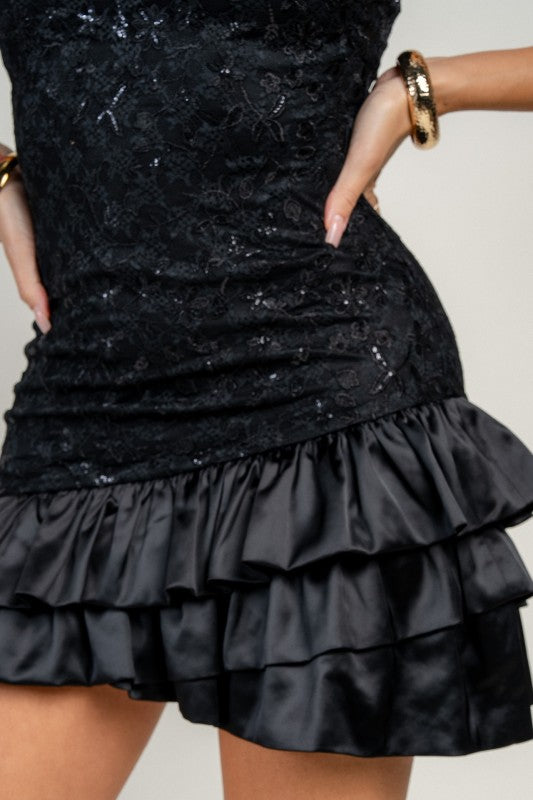 NOVELTY SEQUIN LACE WI SATIN BUBBLE MINI PARTY DRESS