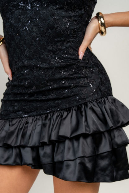 NOVELTY SEQUIN LACE WI SATIN BUBBLE MINI PARTY DRESS