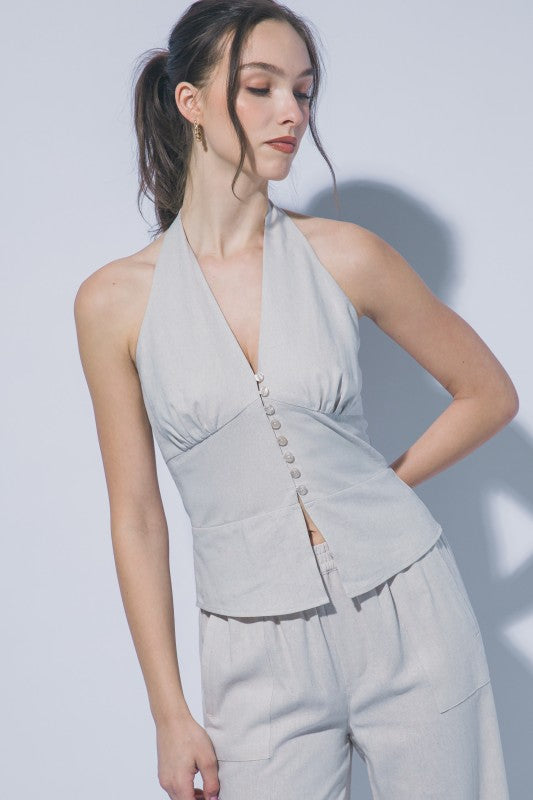 HALTER NECK LINEN TIE FRONT VEST PANTS SET