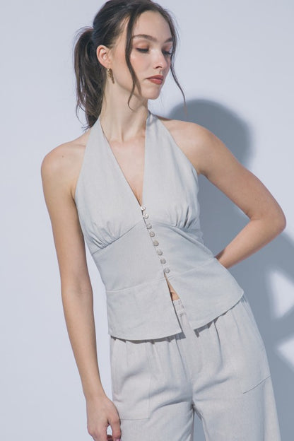 HALTER NECK LINEN TIE FRONT VEST PANTS SET