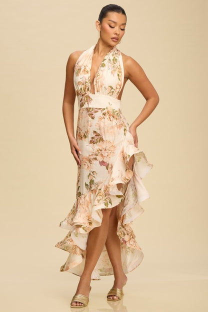 VINTAGE HALTER RUFFLE TIERED PRINTED DRESS