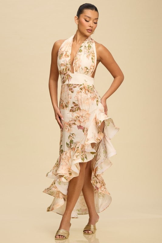 VINTAGE HALTER RUFFLE TIERED PRINTED DRESS