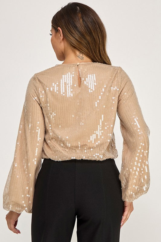 LONG SLEEVE PEARL NECK TRIM BUBBLE HEM SEQUIN BLOUSE