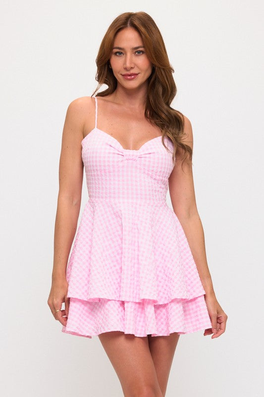 GINGHAM BOW BUST TIE BACK MINI DRESS