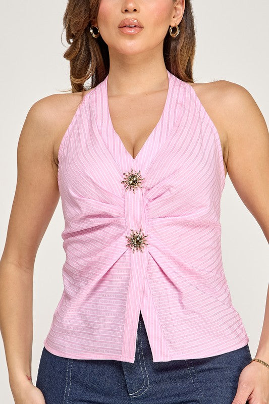 HALTER NECK GOLD SUN BUTTON DETAIL TOP