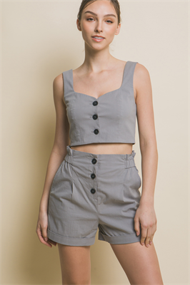 Cotton Blend Buttoned Crop Vest and Short Set