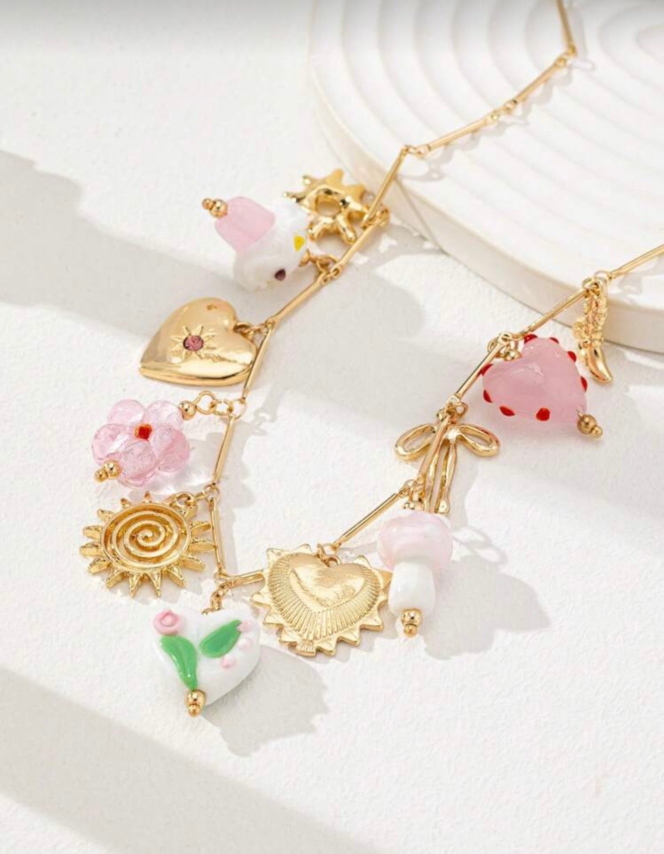 GLASS HEART MUSHROOM BOW CHARM PENDANT NECKLACE