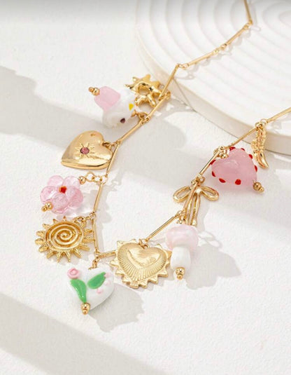 GLASS HEART MUSHROOM BOW CHARM PENDANT NECKLACE