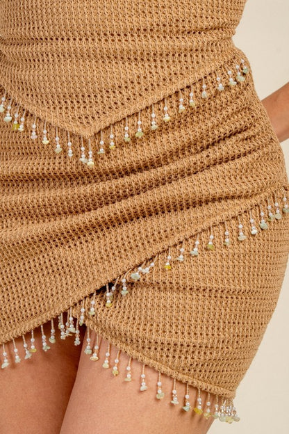 MINI DRESS WITH BEADED FRINGED DETAIL LACE DOWN BACK