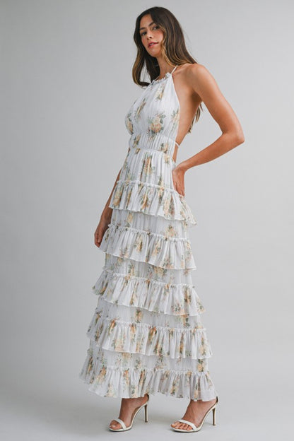 PRINTED FLORAL TIERED MIDI SUMMER DRESS