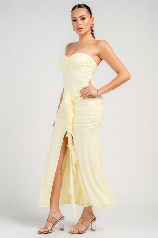 STRAPLESS RUCHED MIDI PARTY DRESS