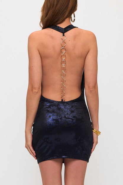 METALLIC HALTER O NECK MINI PARTY DRESS