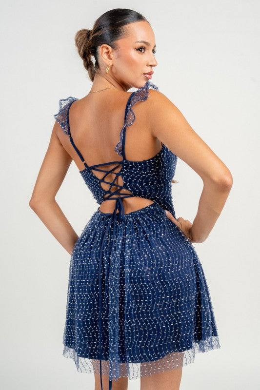 OFF THE SHOULDER EMBELLISHMENT A-LINE MINI PARTY DRESS