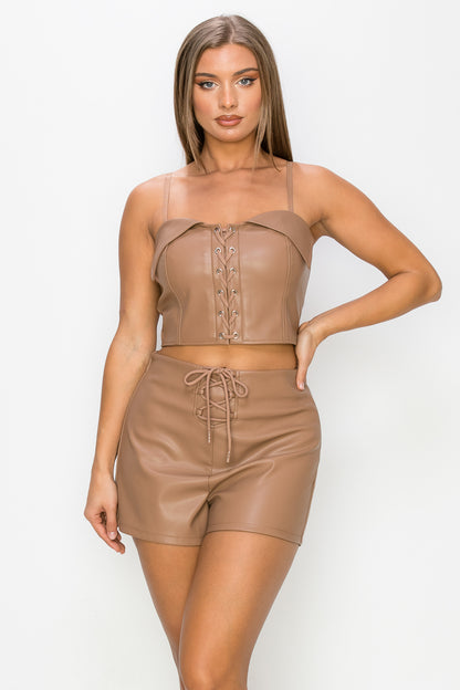 Lace-Up Zippered Cami Top & Shorts Set