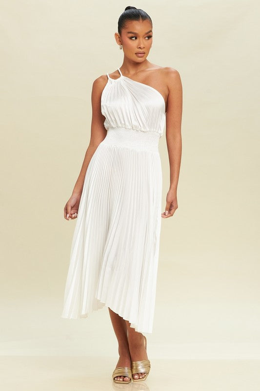 OFF SHOULDER PLEATED MIDI DRESS