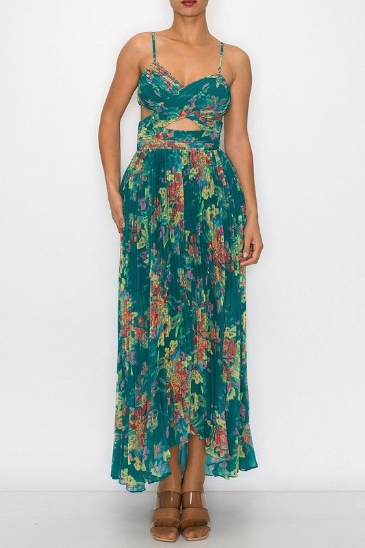 FLORAL PRINT SLEEVELESS PLEATED MAXI DRESSES