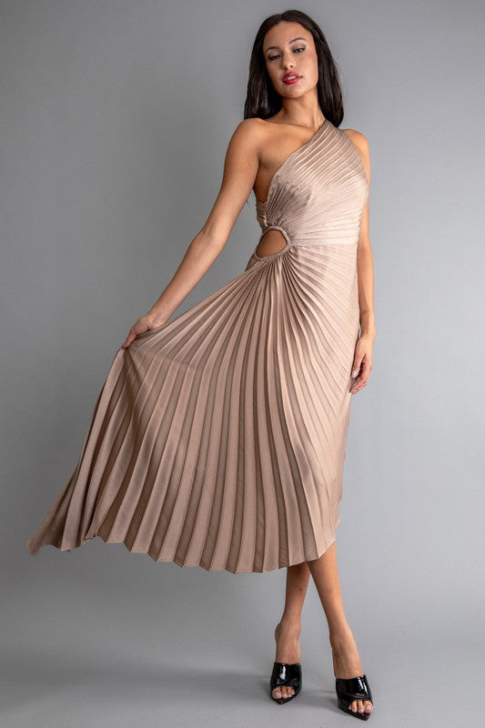 SOLID RUCHED PLEATED ONE SHOULDER HI LOW DRESS