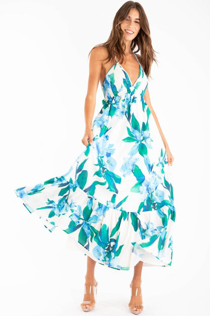 FLOWER PRINT HALTER NECK OPEN BACK TIE MIDI DRESS