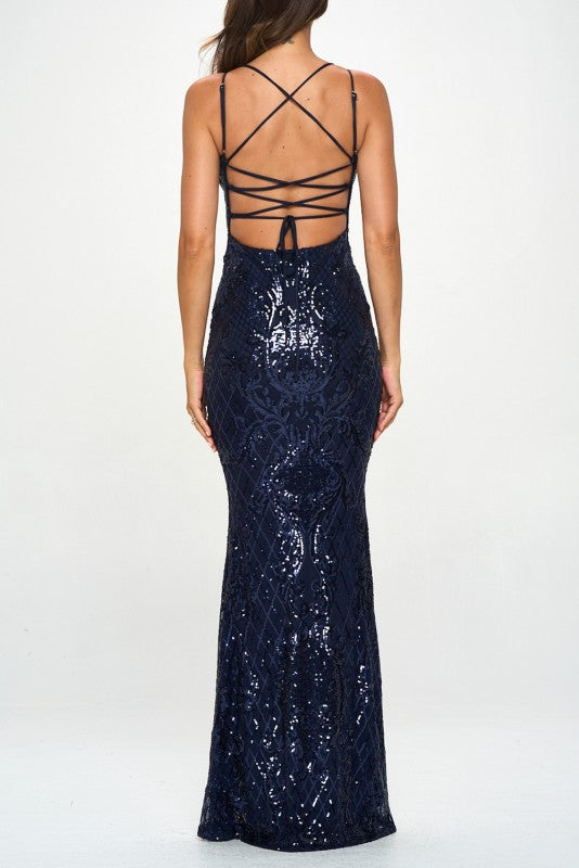 SEQUIN BACK LACE UP MERMAID MAXI COCKTAIL DRESS